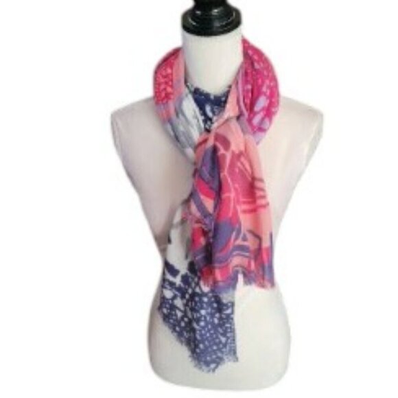 Beautifull Navy Blue, Pink, Gray & Tan Scarf with Fringe - Picture 1 of 5